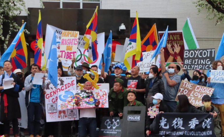 Human Rights Groups Protest Outside of Chinese Consulate on Eve of Beijing Olympics